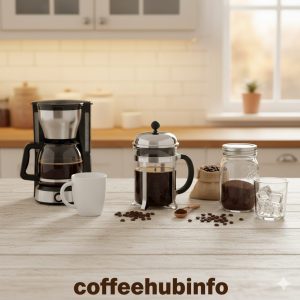 drip coffee maker, French press, and cold brew setup on a wooden table