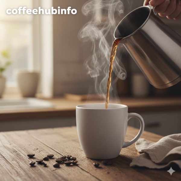Steaming hot coffee being poured into a white ceramic mug