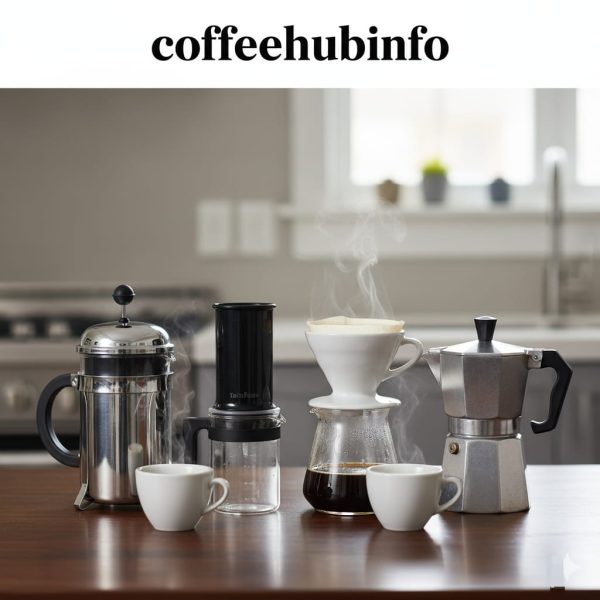 French press, AeroPress, pour over, and moka pot brewing setup on table