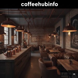 Industrial-chic copper kettle café design with rustic and modern touches.