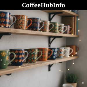 Colorful retro ceramic coffee mugs on shelf with floral and geometric patterns