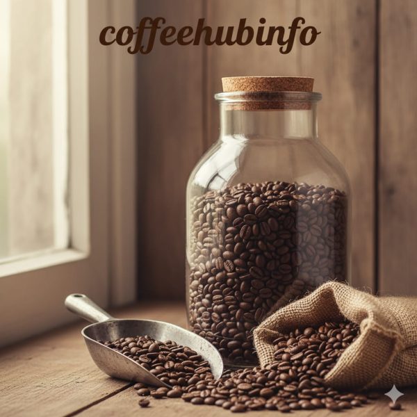 Fresh Arabica coffee beans stored in airtight glass jar on wooden counter