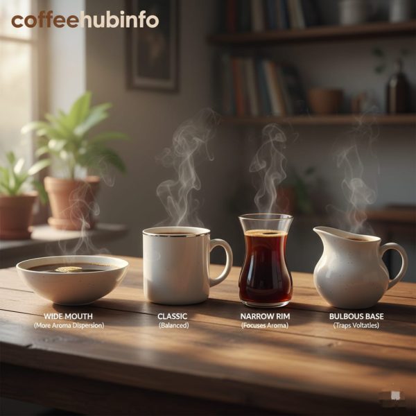 Different coffee mug shapes displayed on a wooden table to show aroma and temperature effects.