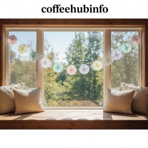 Handmade coffee filter garland hanging across a window