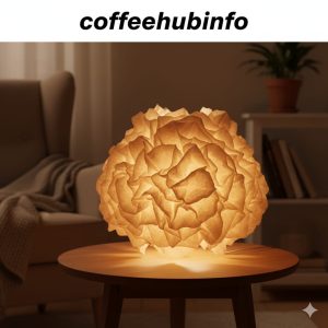 DIY coffee filter lampshade glowing softly on a table