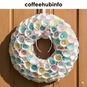 Elegant coffee filter wreath on a door for home decoration