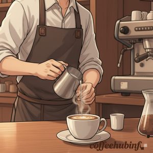 manga style barista making coffee in a café, artistic illustration