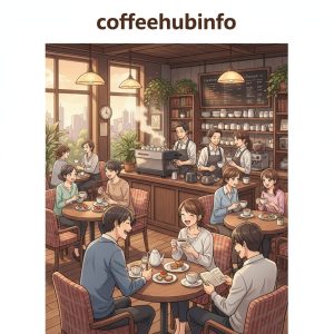 vertical manga-style poster showing café scene and coffee moments