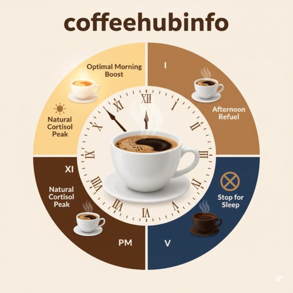 Infographic showing optimal coffee timing throughout the day with clocks and cups.