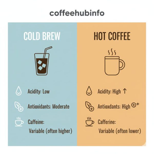 Infographic comparing acidity, antioxidants, and caffeine levels in cold and hot coffee