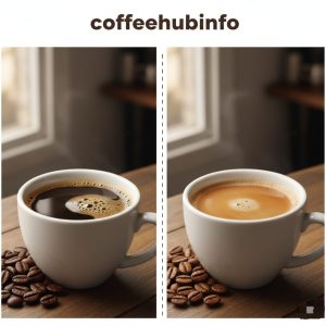 Side by side view of decaf coffee and regular coffee with beans