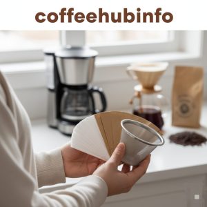 Person holding different coffee filters with blurred coffee setup in background