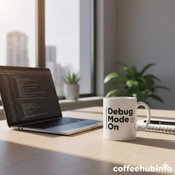 Funny IT coffee mug on a morning desk with sunlight and laptop beside it.
