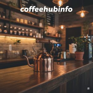 Copper kettle coffee bar counter showing warm lighting and rustic design.