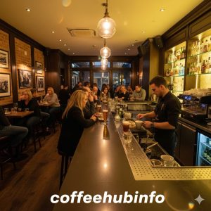 Cozy bar interior with people enjoying drinks and coffee.