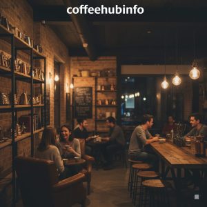 Warm bar atmosphere in a copper kettle coffee bar with cozy seating.