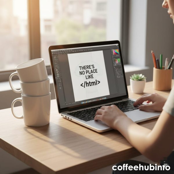 Person designing a custom IT coffee mug on laptop with blank mugs nearby.