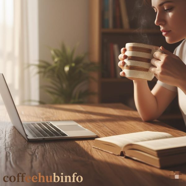 Person holding a retro ceramic coffee mug while working at a cozy desk.