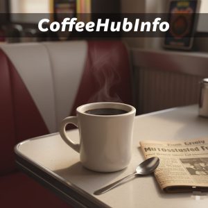 Classic heavy diner-style coffee mug filled with black coffee on table with newspaper