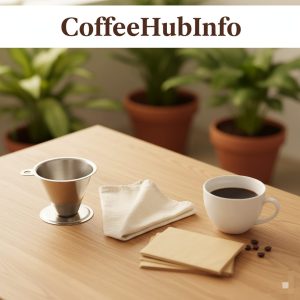Eco-friendly coffee brewing setup with reusable metal filter, cloth napkin, and bamboo filters
