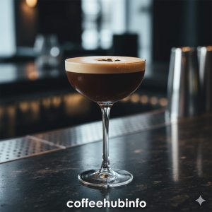 Close-up of an espresso martini on a bar counter.