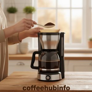 person scooping ground coffee into a coffee maker filter