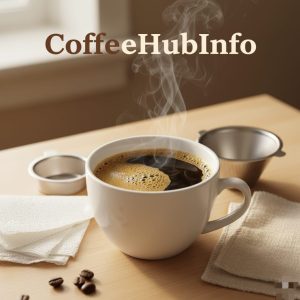 Freshly brewed coffee cup surrounded by alternative coffee filters.