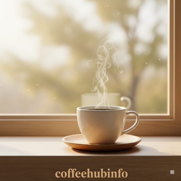 Steaming coffee mug near a window with morning sunlight shining in.