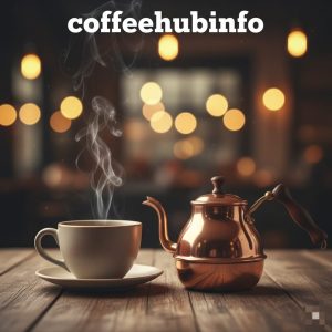 Steaming coffee beside a copper kettle on a rustic wooden table.