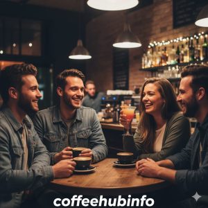 Group of friends enjoying coffee and cocktails at a bar.