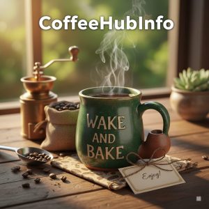 Wake and Bake Coffee Mug wrapped as a gift with coffee accessories on table