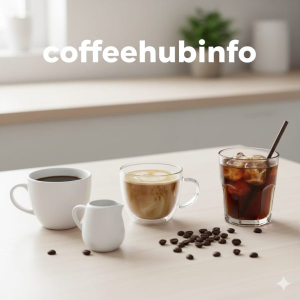 Black coffee, iced cold brew, and coffee with half-and-half cream in cups