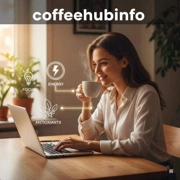 Person enjoying coffee at desk with icons of focus, energy, and antioxidants, showing coffee health benefits.