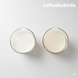 Homemade half and half creamer with milk and light cream in measuring cups.