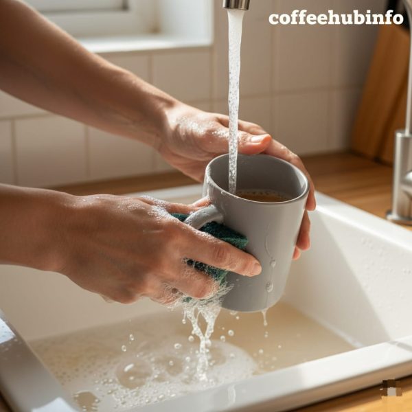 Person washing a coffee mug with warm water and mild soap in the sink.