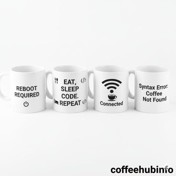 Collection of IT-themed mugs showing phrases like “Eat, Sleep, Code, Repeat.