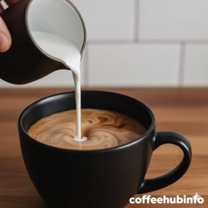 Pouring half and half coffee creamer into a cup of hot black coffee.