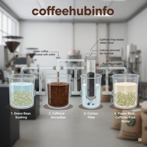 Illustration of Swiss Water Process and CO₂ Process for decaffeinating coffee beans
