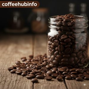 Close-up of decaf coffee beans in a glass jar, some spilled on a rustic surface