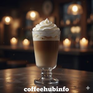 Irish coffee topped with cream served at a bar table.