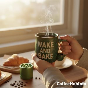 Person holding a Wake and Bake Coffee Mug near a sunlit window