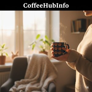 Person holding a retro coffee mug near sunlit window in cozy home environment