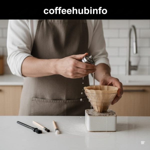 Person cleaning coffee grinder and rinsing brewing filter under warm light