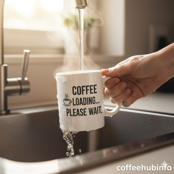 Person washing a funny IT coffee mug with the quote “Coffee Loading... Please Wait.