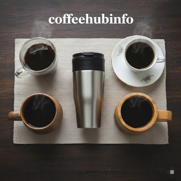 Various coffee mugs made of ceramic, glass, stainless steel, porcelain, and bamboo.