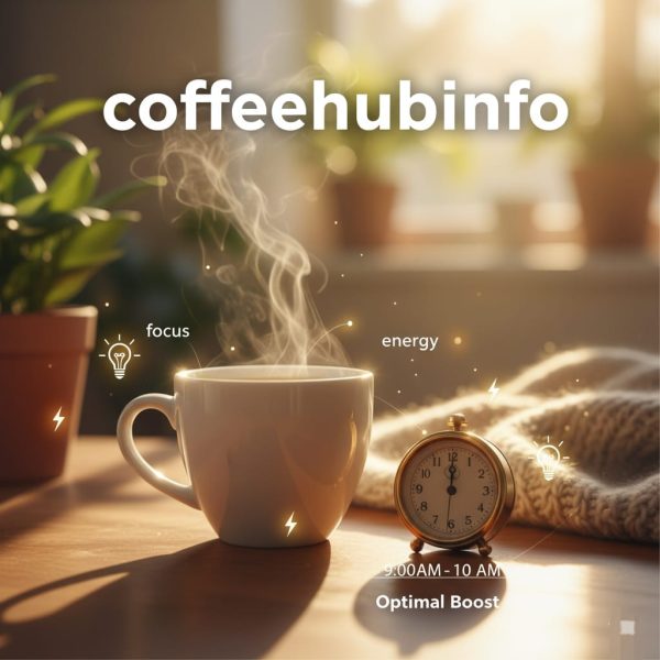Coffee cup with clock showing 9-11 AM, highlighting optimal morning window for caffeine intake.