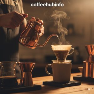 Barista brewing coffee with copper kettle using pour-over method.