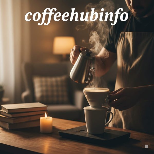 Barista pouring hot water into pour-over dripper for home coffee brewing