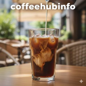 Iced coffee glass with half and half creamer swirling for a marbled effect.