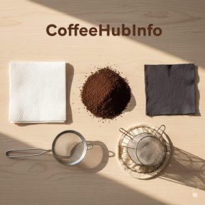 Different coffee filter substitutes including paper towel, cloth, metal filter, mesh sieve, and t-shirt piece.